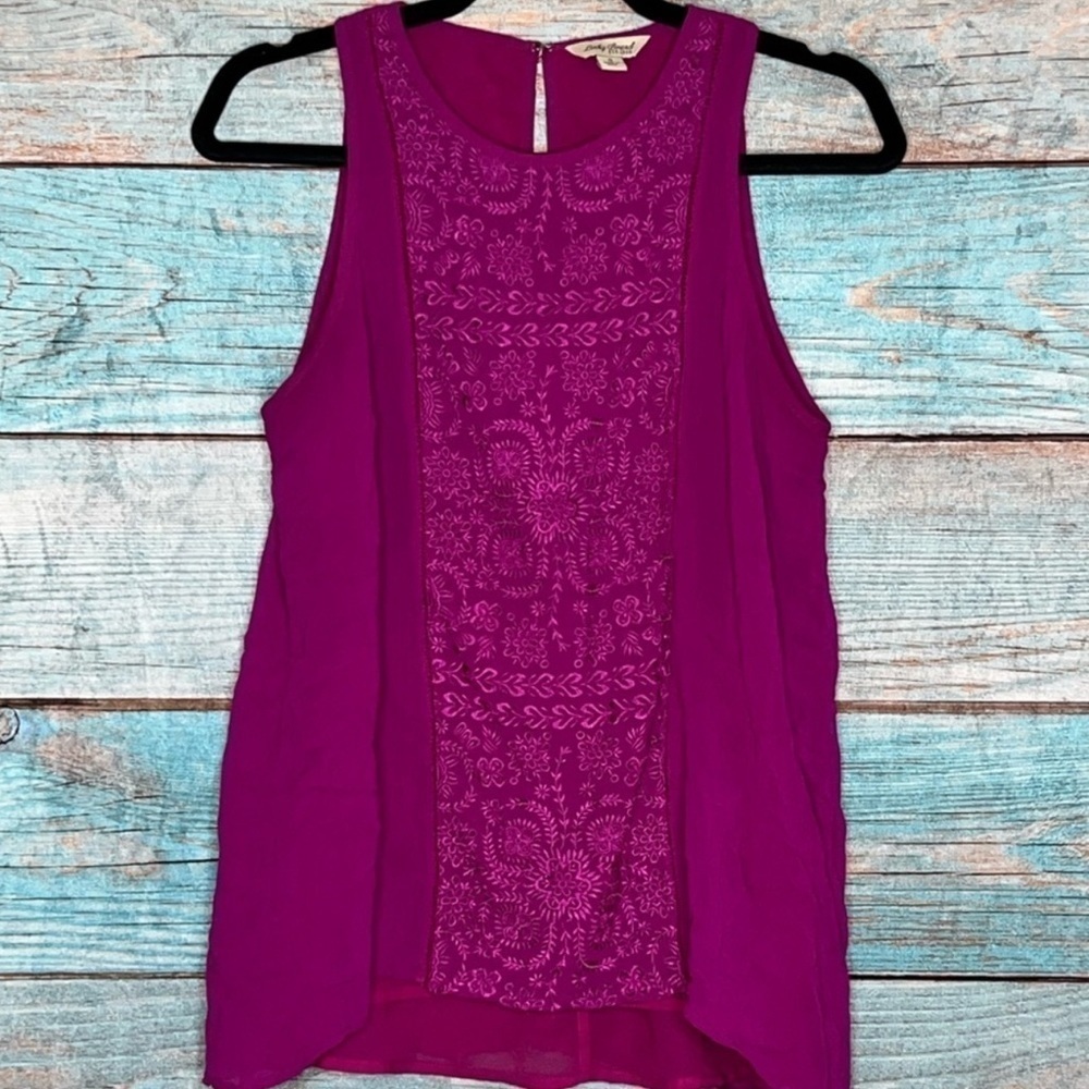 Lucky Brand Top S Embroidered Floral Boho Flowy Office Casual Pink‎ Purple Girly